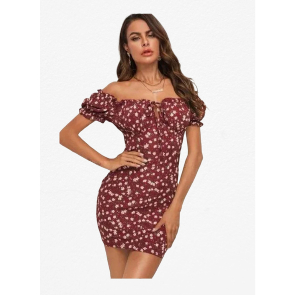 🌷 Shein Floral Off Shoulder Milkmaid Mini Dress Size S Red